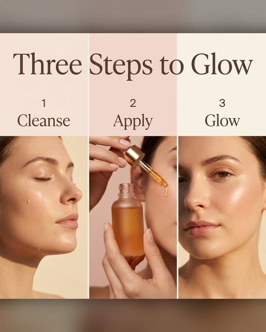 How-to ad: three steps of a vitamin C serum routine