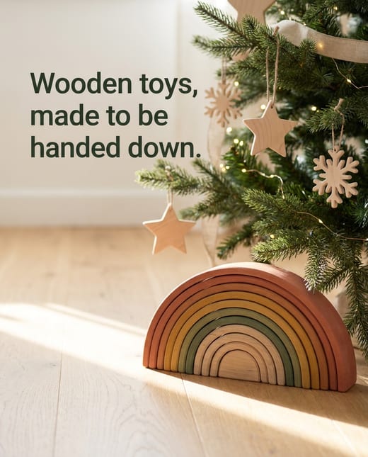 Christmas ad: a wooden rainbow arch beside a decorated tree
