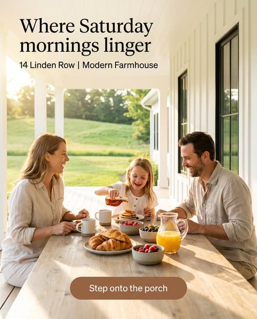 Lifestyle ad: a family at breakfast on a farmhouse porch