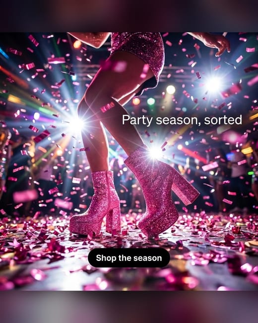 Holiday ad: legs dancing in party boots on a confetti floor