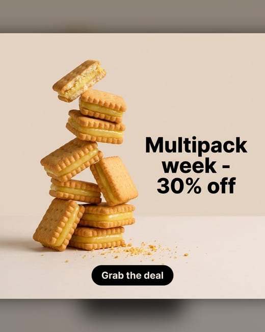 Offer ad: a tilting tower of sandwich biscuits, 30% off