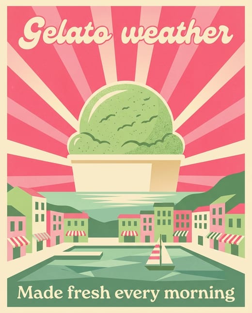 Poster: a mid-century illustrated gelato ad in pistachio and pink
