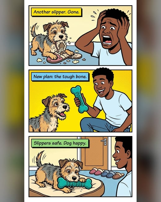 Comic strip ad: a puppy, chewed slippers and a tough bone