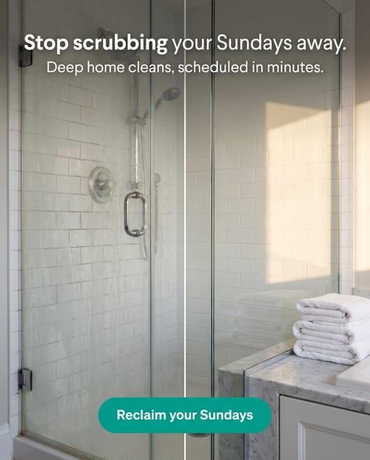 Before and after ad: a bathroom with limescale, then spotless