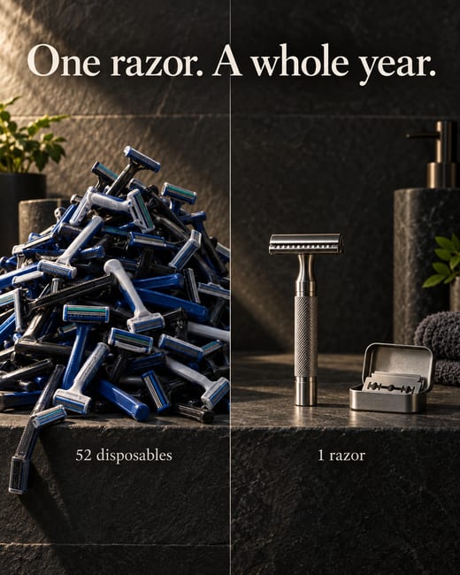 Us vs them ad: one safety razor against a heap of disposables