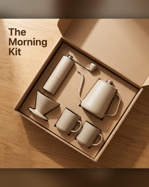 Bundle ad: a coffee starter kit in an open kraft gift box
