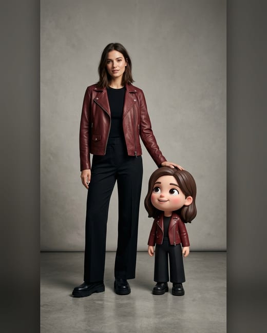 Mini-me photo: a woman in a burgundy biker jacket with her mini-me