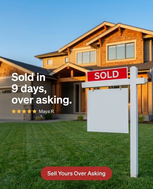 Client review ad: a sold sign with a five-star seller quote