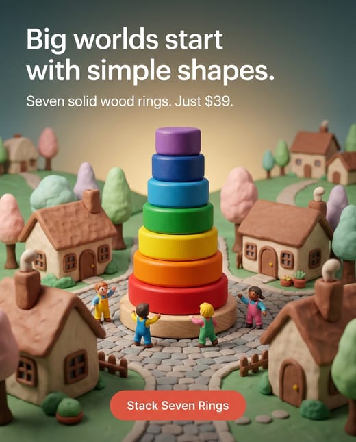 Clay diorama ad: a wooden rainbow stacking tower in a clay world