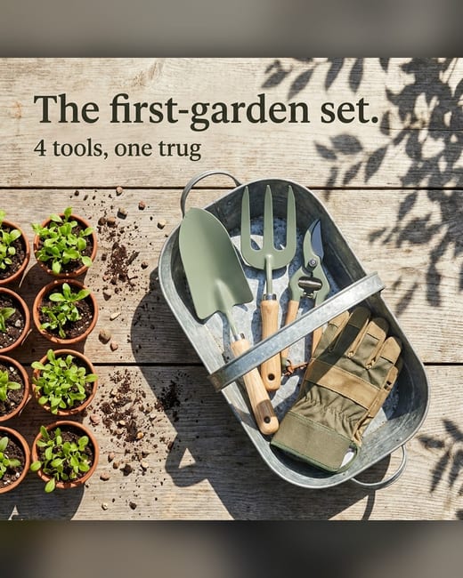 Bundle ad: a garden tool set in a tin trug