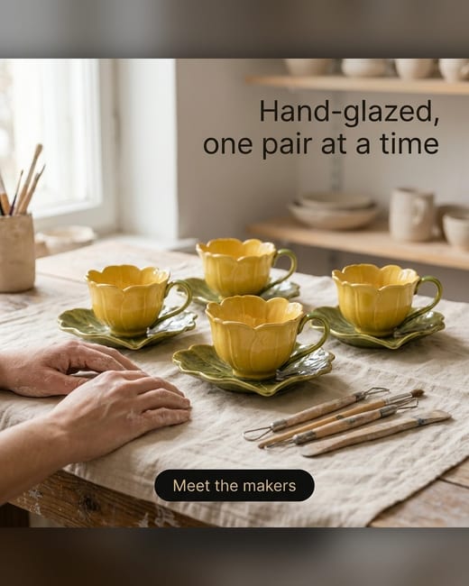 Values ad: hand-glazed teacups on a potter's workbench