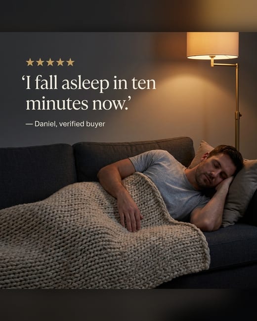 Testimonial ad: a man asleep under a knitted weighted blanket