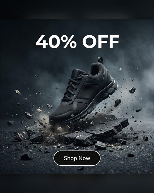 Offer ad: a sneaker smashing through asphalt, 40% off