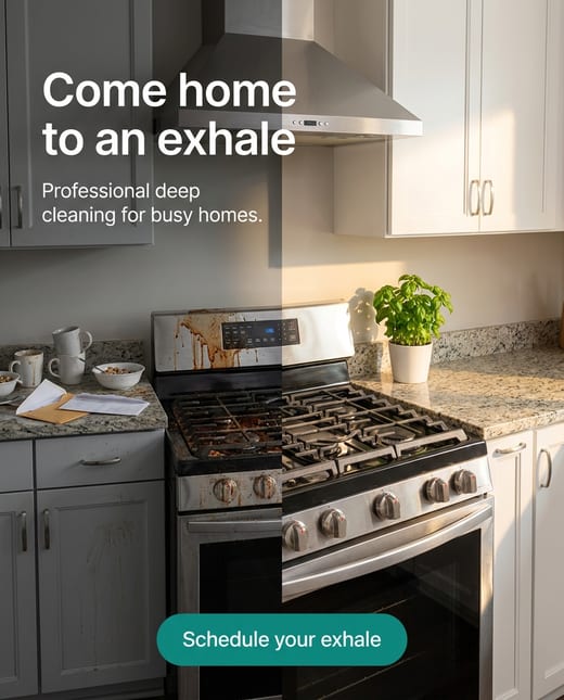 Before and after ad: a greasy kitchen, then sparkling clean