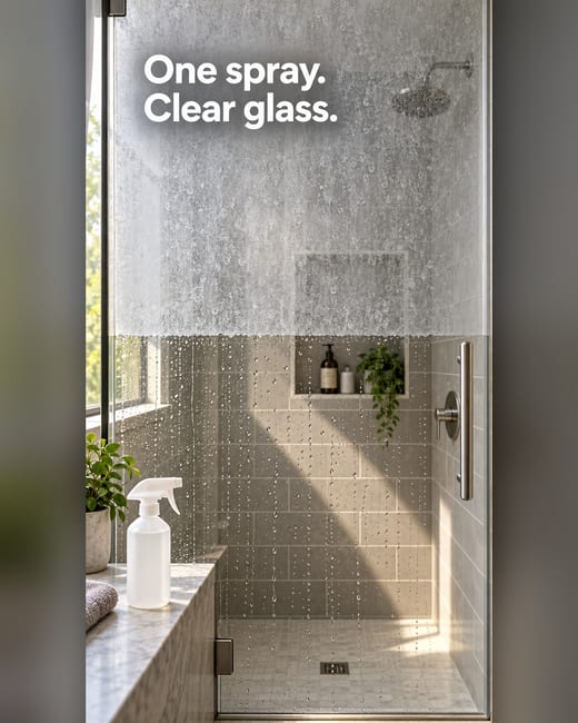 Before and after ad: a shower door, limescale above, clear glass below