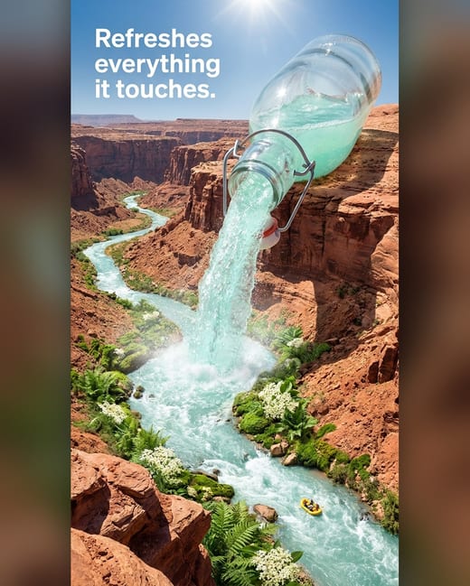 Creative ad: a giant lemonade bottle pouring a river through a canyon