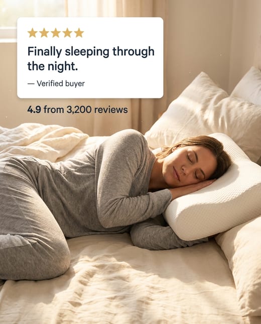 Testimonial ad: a woman asleep on a memory-foam pillow with a review
