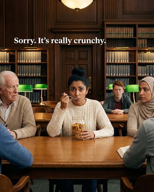 Funny ad: a woman eating a crunchy snack in a silent library