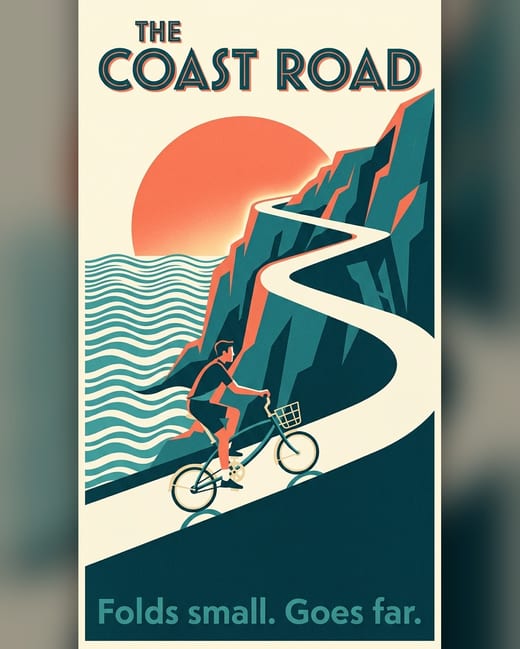 Poster: a 1930s style coast road poster with a folding bike