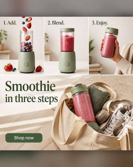 How-to ad: four panels showing how to use a blender