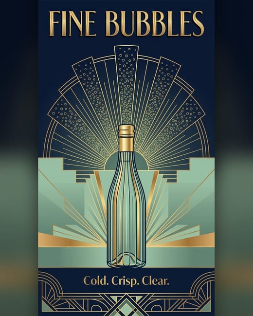 Poster: an Art Deco sparkling water bottle under a gold sunburst