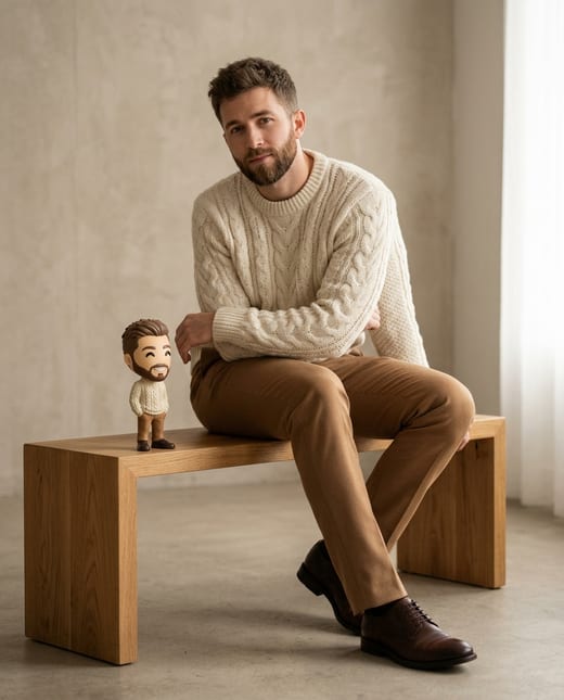 Mini-me photo: a man in a cable knit beside his 3D mini-me