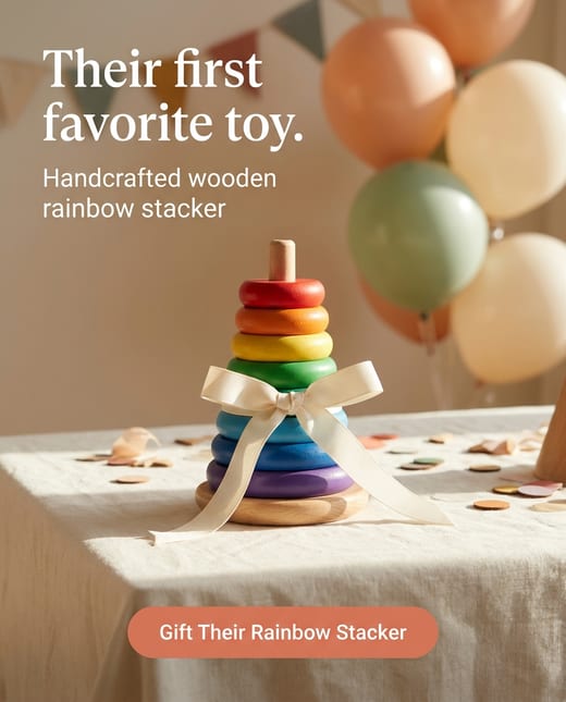 Gift ad: a wrapped wooden rainbow stacking tower