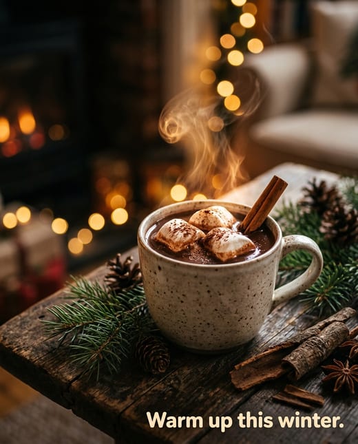 Holiday ad: hot chocolate with marshmallows on a rustic table