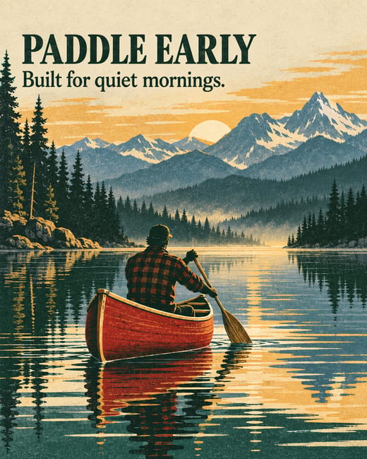 Poster: a retro national park style poster of a canoe at dawn
