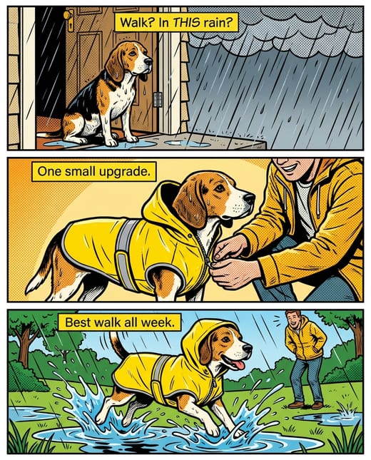 Comic strip ad: a beagle in a yellow raincoat