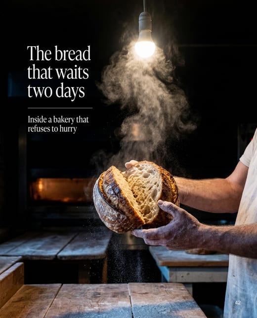 Magazine feature ad: a baker tearing open a sourdough loaf