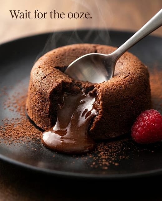 Macro shot: molten chocolate oozing from a lava cake