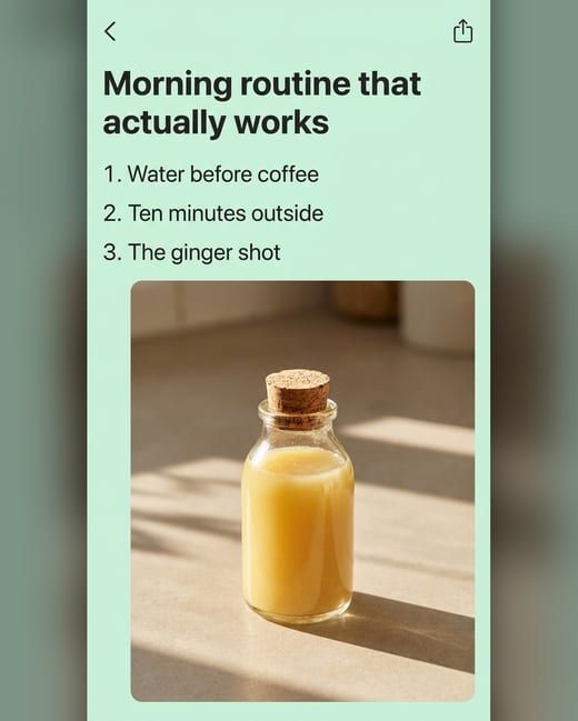 Notes app ad: a morning routine list ending in a ginger shot