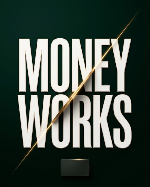 Typography poster: a condensed headline on emerald with a metal card