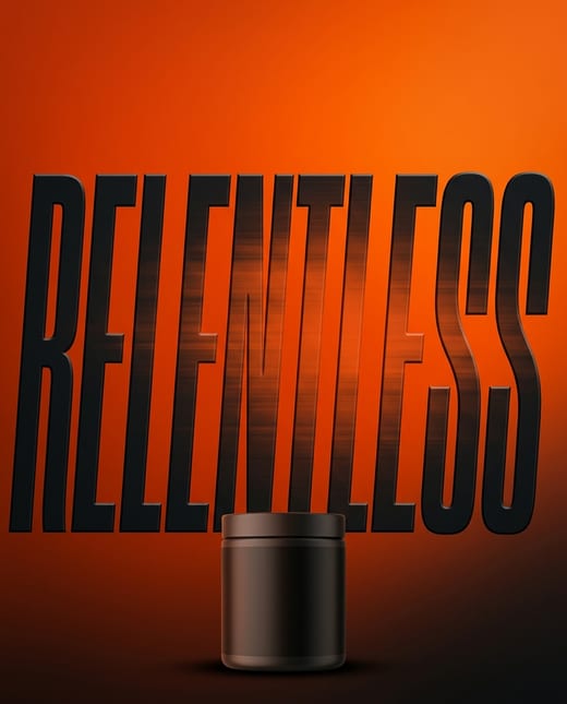 Typography ad: one huge word over a pre-workout tub