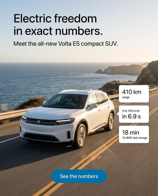 Spec ad for an electric SUV with range and charge stats