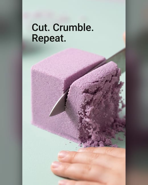 Macro shot: a knife slicing a cube of lilac moldable sand