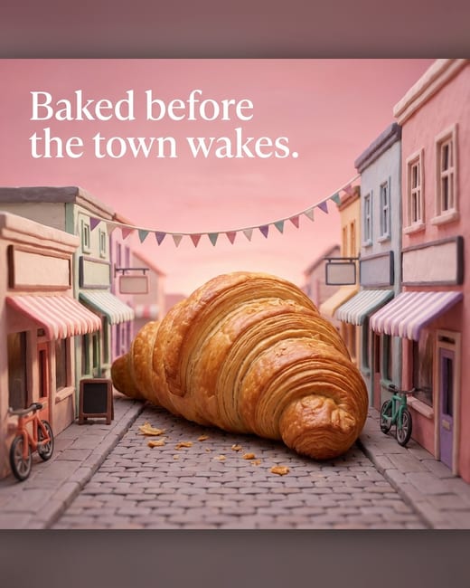 Clay diorama ad: a tiny clay bakery street at dawn