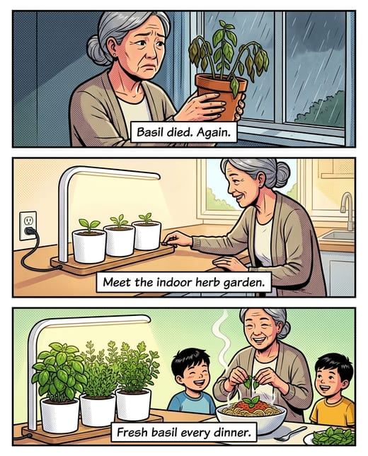 Comic strip ad: an indoor herb garden for fresh basil