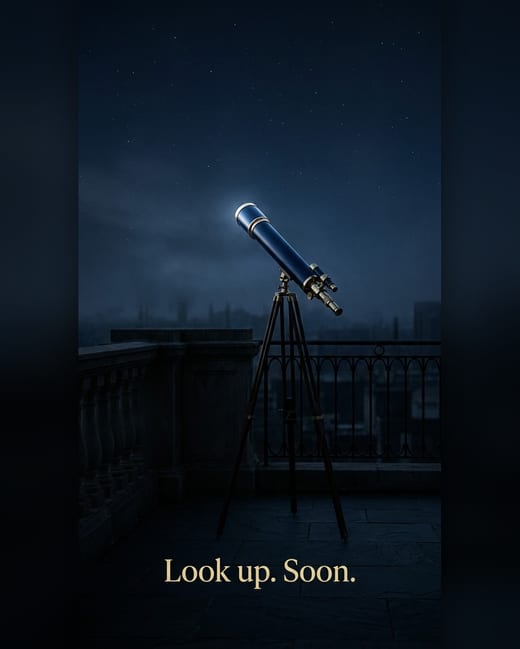 Teaser ad: a telescope on a dark rooftop by moonlight