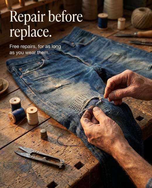 Values ad: weathered hands darning the knee of worn jeans
