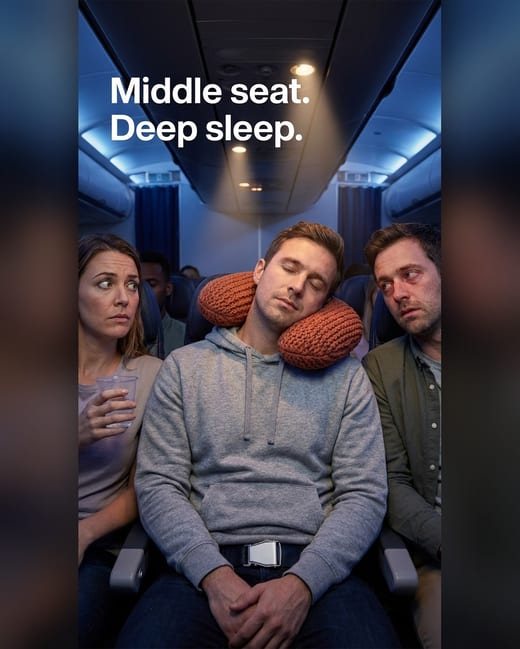Funny ad: a sleeper stretched across a middle airplane seat