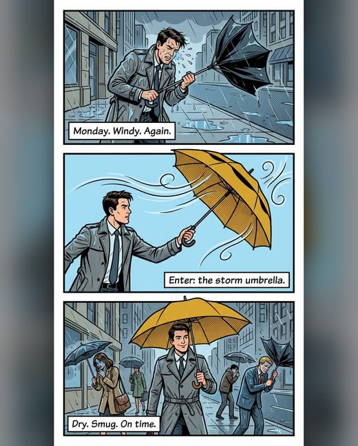 Comic strip ad: a storm umbrella on a windy day
