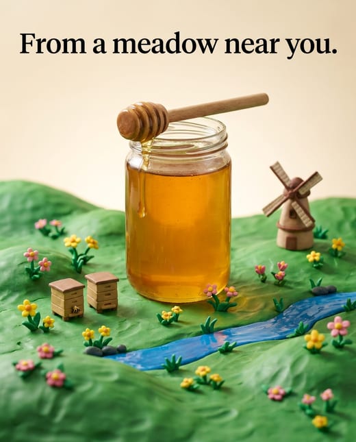 Clay diorama ad: a honey jar in a tiny clay meadow