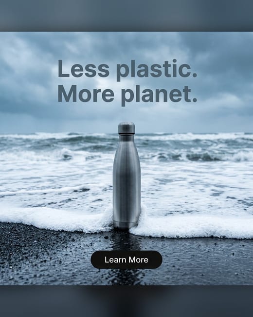 Values ad: a steel water bottle standing in the surf