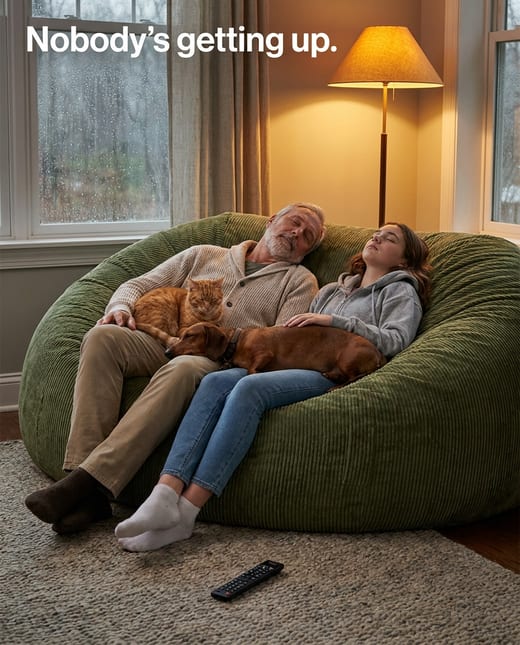 Funny ad: a family piled on a giant green bean bag