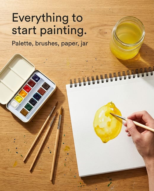 Bundle ad: a watercolour kit with palette, brushes and paper