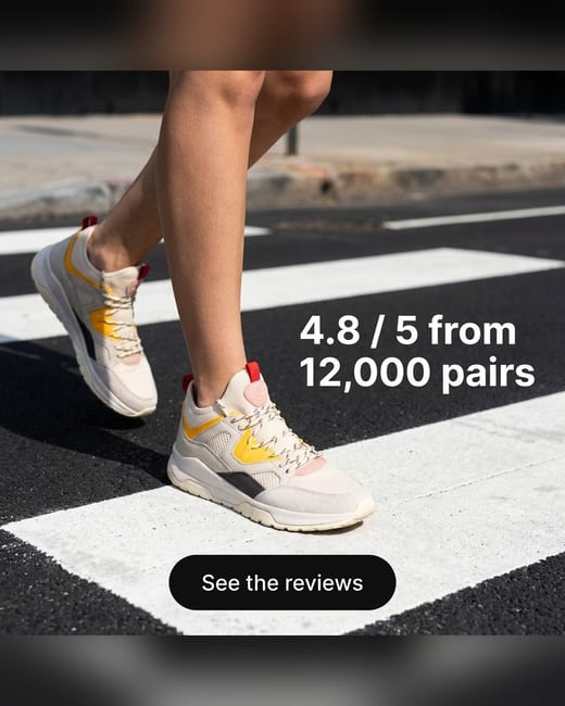 Testimonial ad: sneakers on a zebra crossing with a 4.8 rating