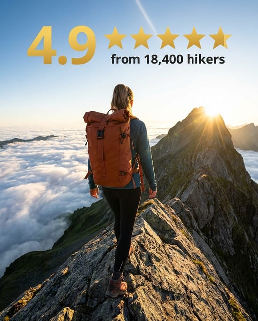 Testimonial ad: a hiker on a ridge at sunrise with a rating