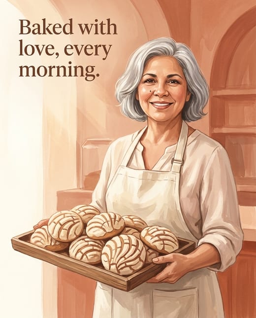 Illustrated portrait of a bakery owner holding a tray of bread